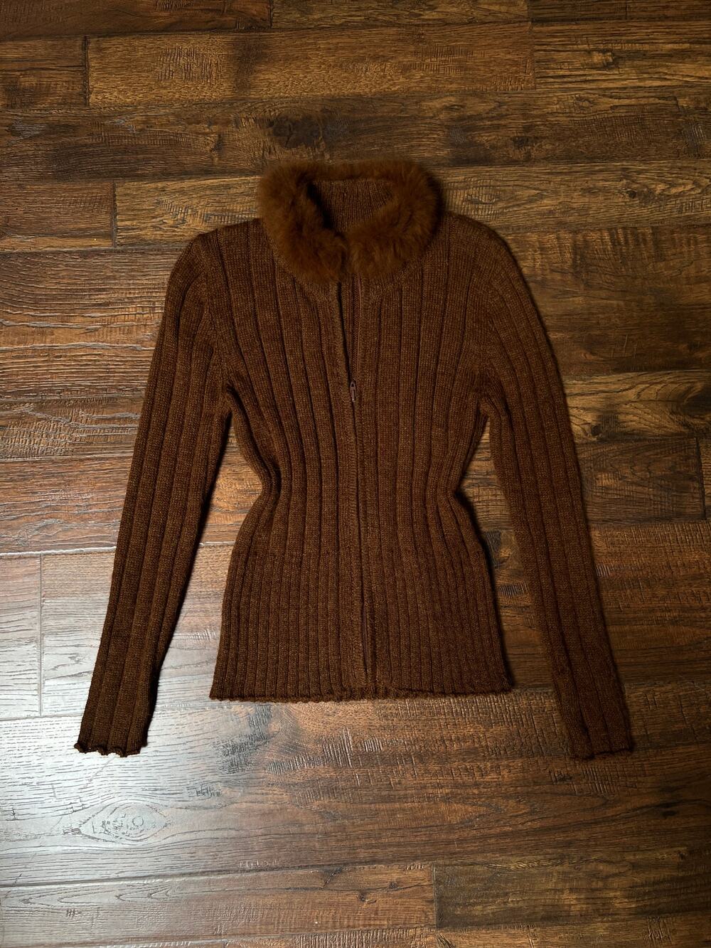 Vintage Inca Fashions Knit Sweater Baby Alpaca Fur Collar Zip Front - Size Small
